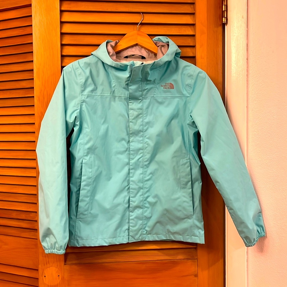 The North Face Girls HyVent Hooded Windbreaker Rain Jacket Teal size L 14/16